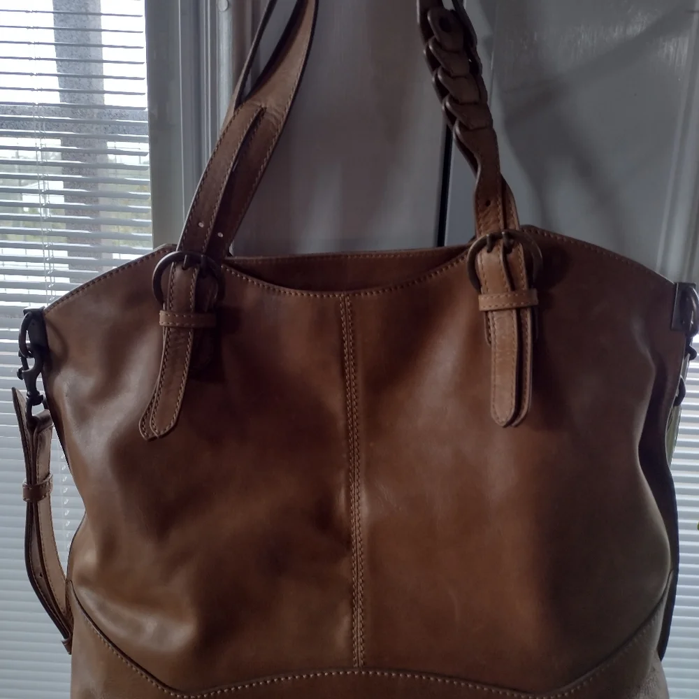 Frye Maddie Shopper Genuine Leather Handbag Tan Caramel Brass Braided Western - Picture 2 of 12